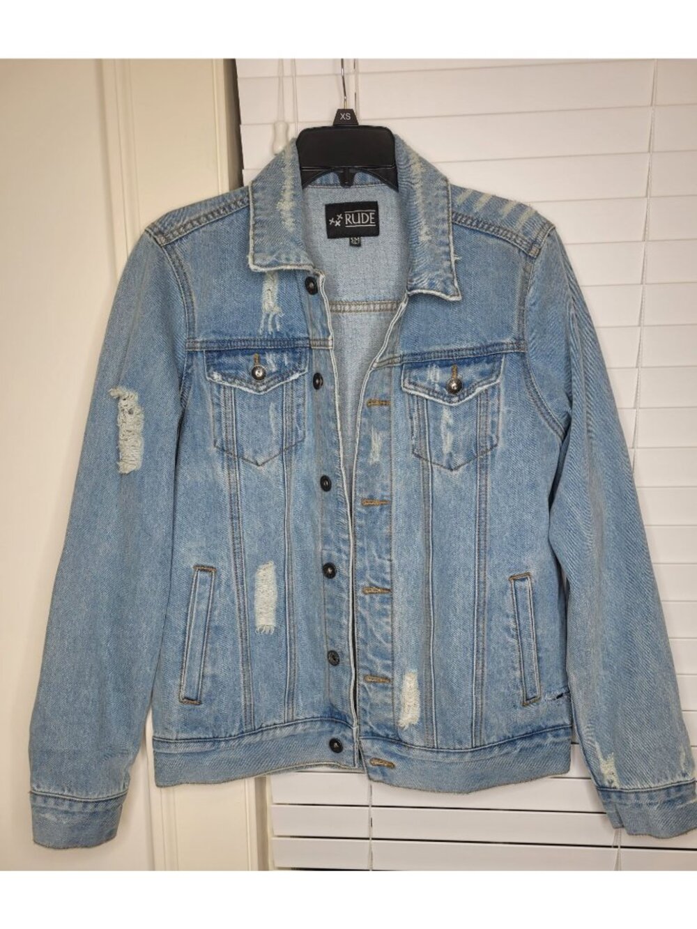 Rude Distressed Light Wash Denim Jacket S Thrashed GRUNGE Punk Bloke core